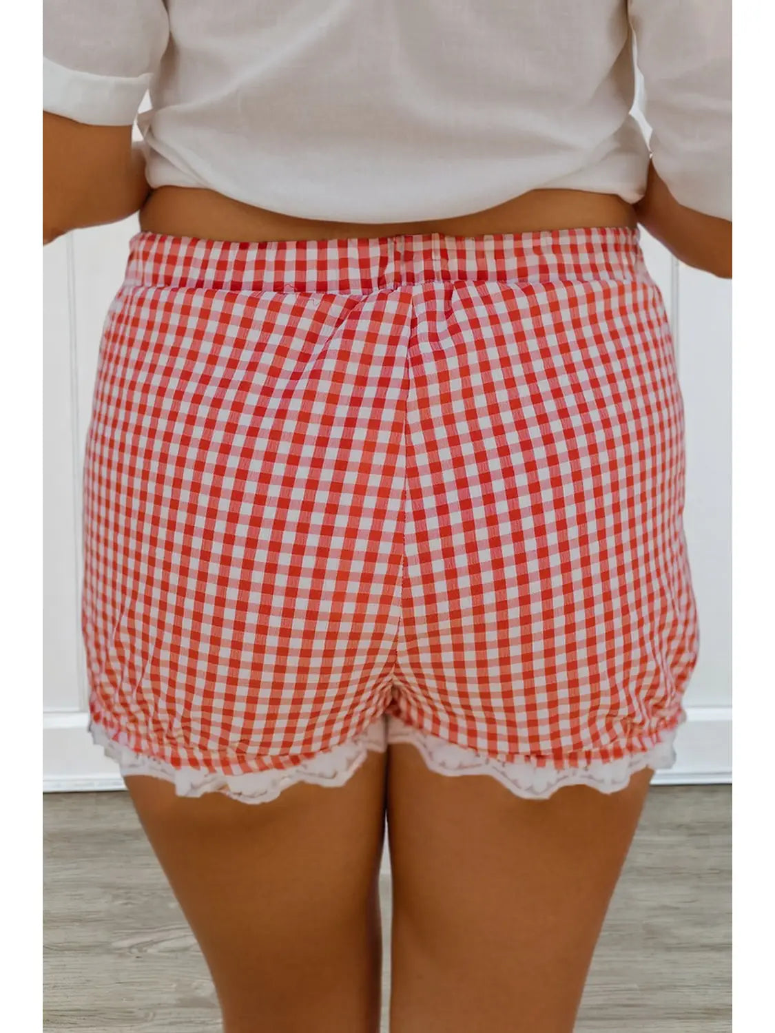Gingham Plaid Tie Lace Patchwork Hem Short