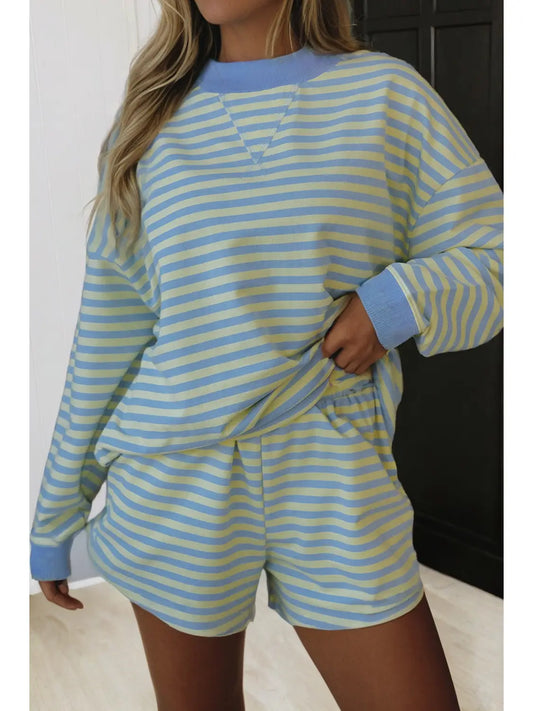 Stripe Color Block Pullover Shorts 2pcs Set