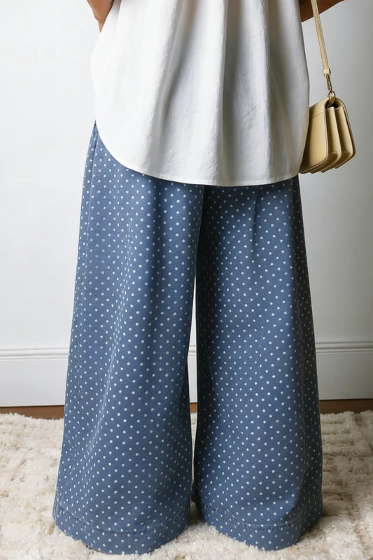 Polka Dot Button Pleated Drawstring Wide Leg Jeans