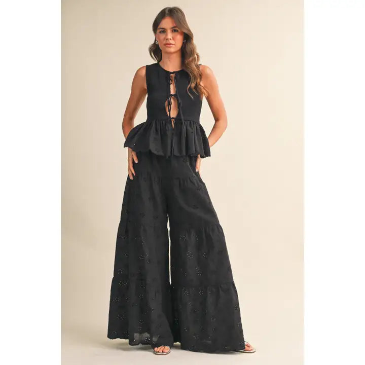 Eyelet Smocked Peplum Top Tiered Wide Leg Pant