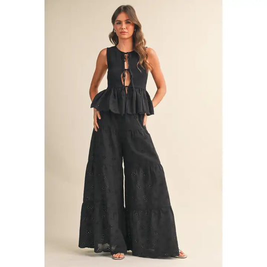 Eyelet Smocked Peplum Top Tiered Wide Leg Pant