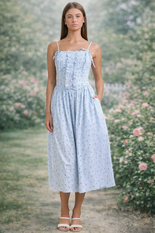 Floral Stripe Midi Dress with Ruffle Detail