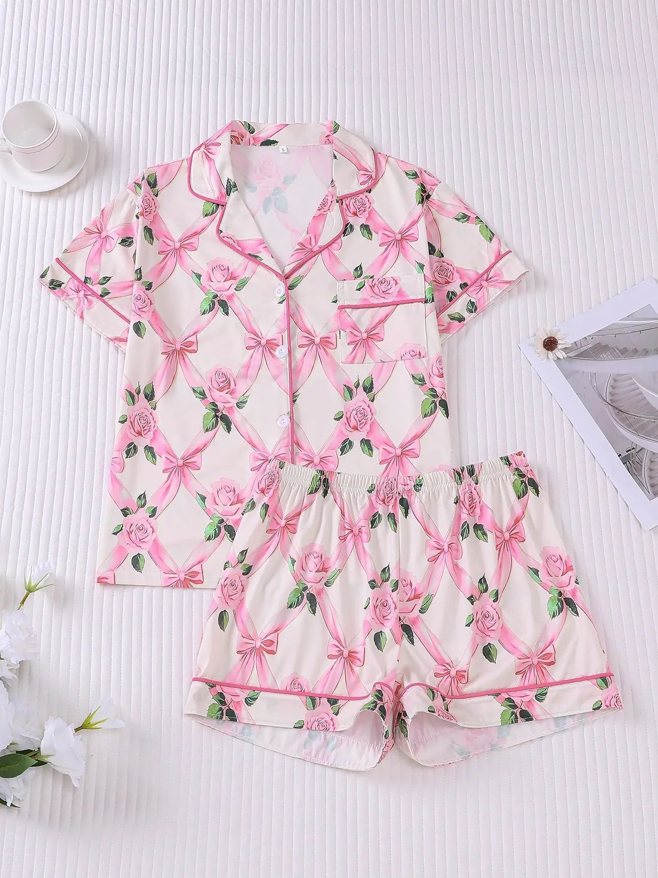 Bows & Rose Print Pajama Set