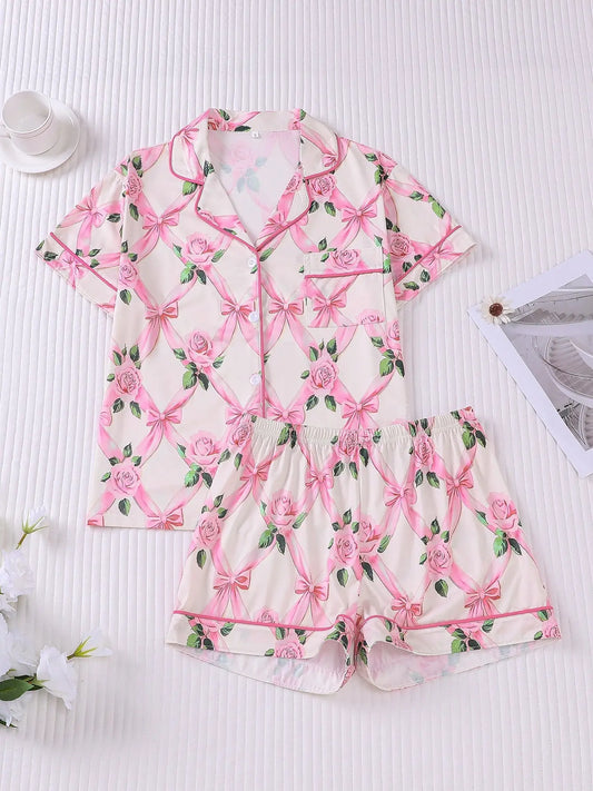 Bows & Rose Print Pajama Set
