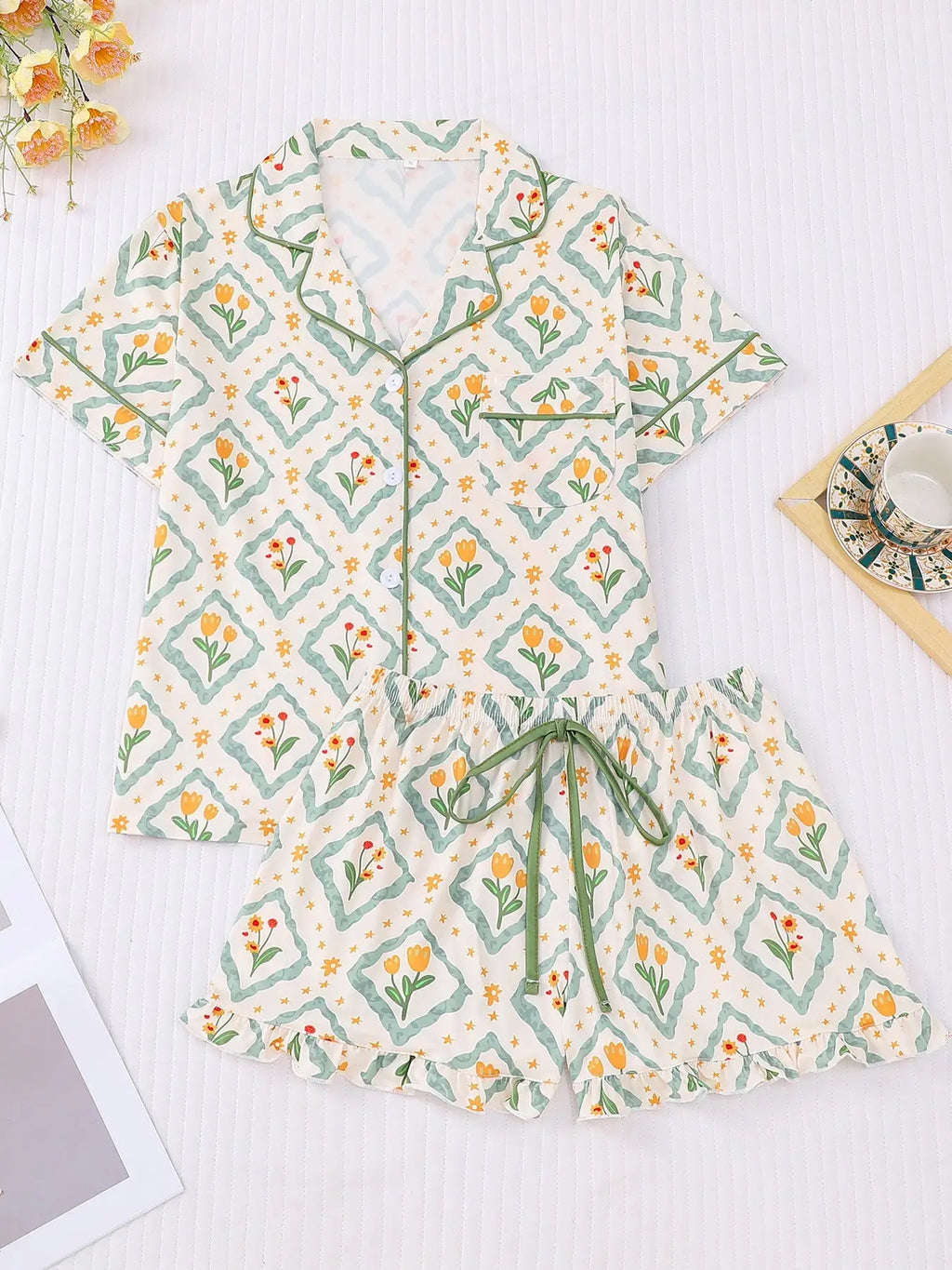 Spring Tulip Floral Print Pajama Set