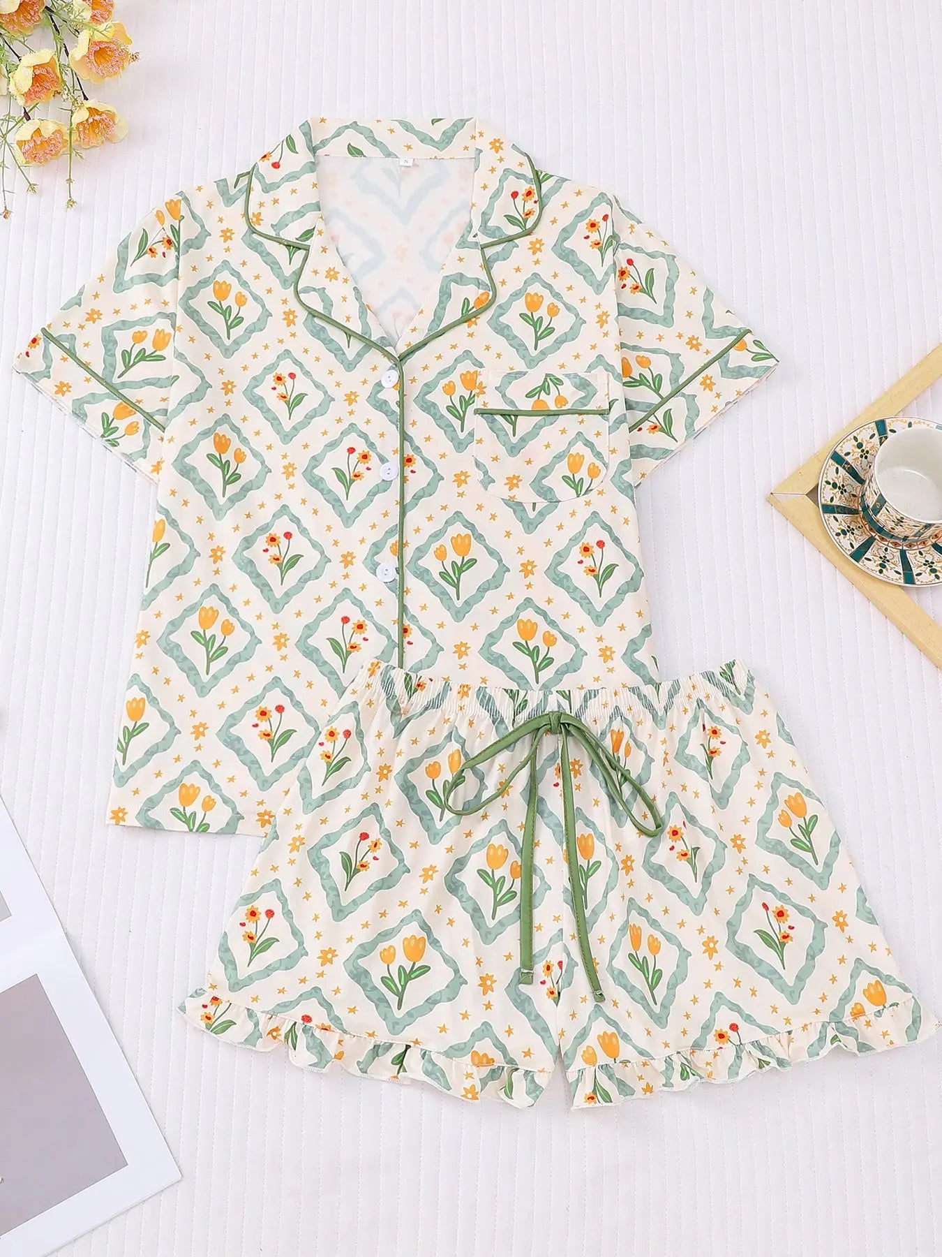 Spring Tulip Floral Print Pajama Set