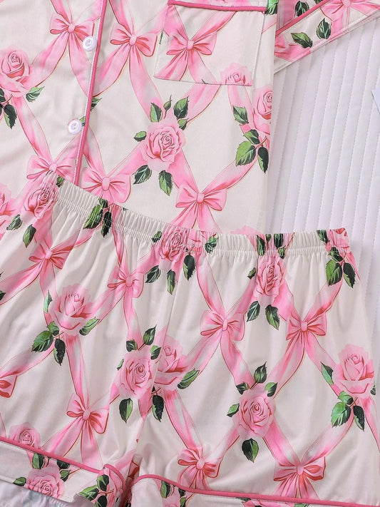 Bows & Rose Print Pajama Set