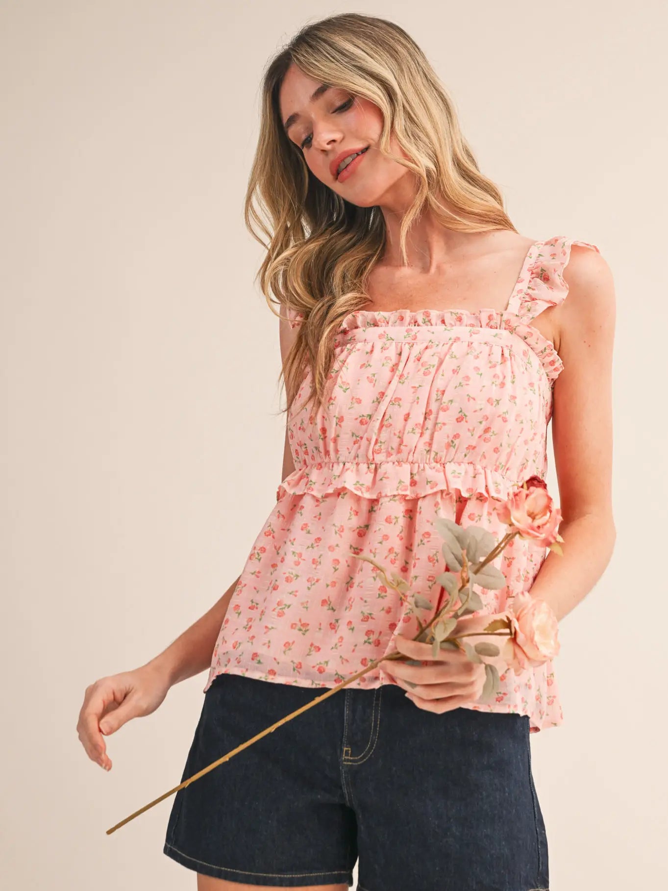 Floral Ruffle Trim Babydoll Top