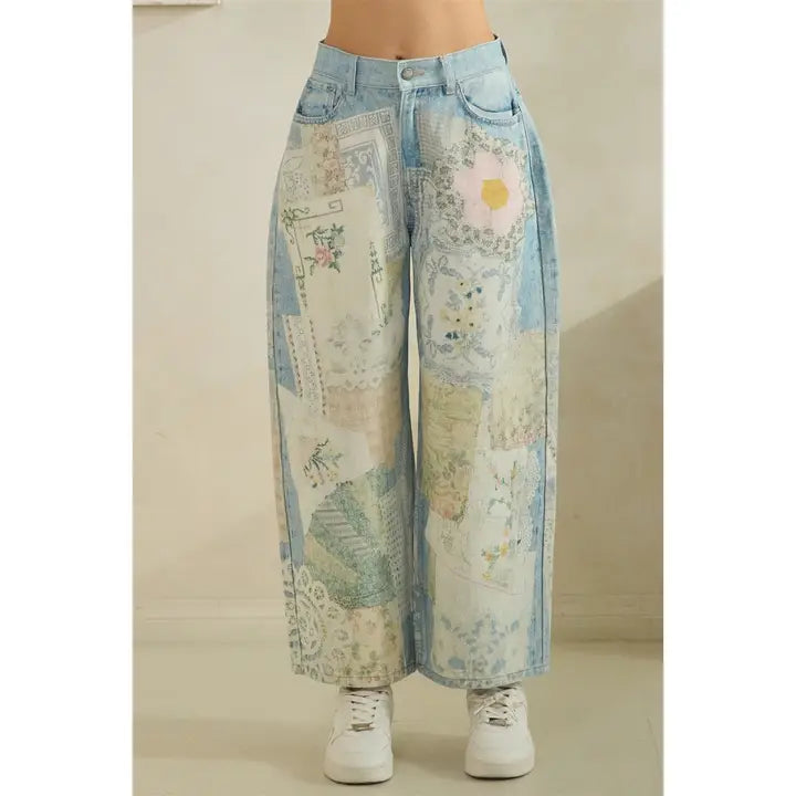 Digitally Printed Patchwork Denim Pants