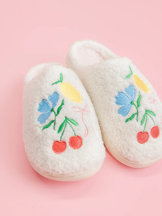 Fuzzy Plush Slippers with Fruit Cocktail Embroidery