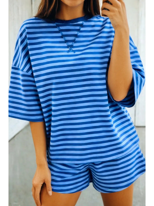 Stripe Drop Shoulder Pullover Casual Short Set