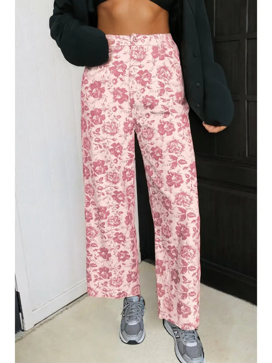 Vintage Floral Print Denim Shift Pants