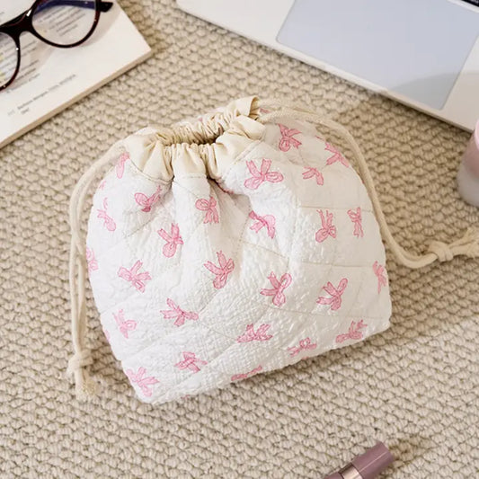 Bow Patterned Quilted Drawstring Cosmetic Bag
