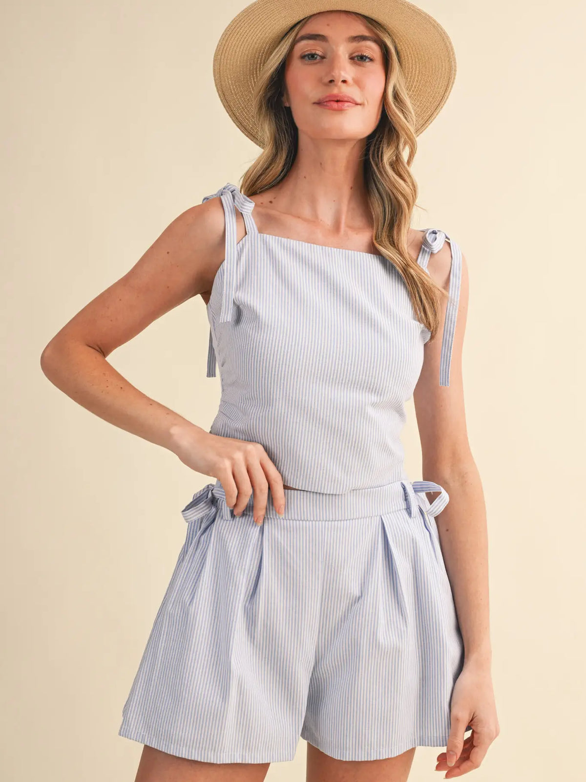 Striped Tie Shoulder Crop Top and Shorts Set