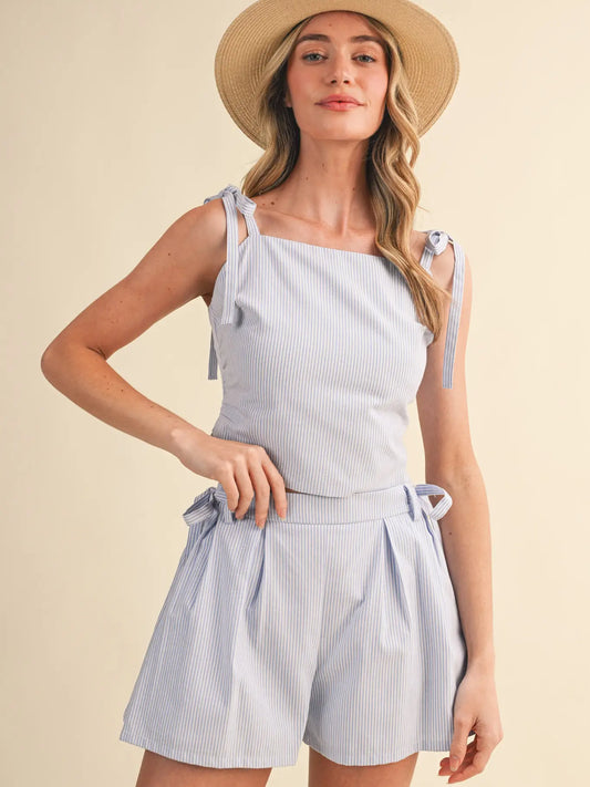 Striped Tie Shoulder Crop Top and Shorts Set