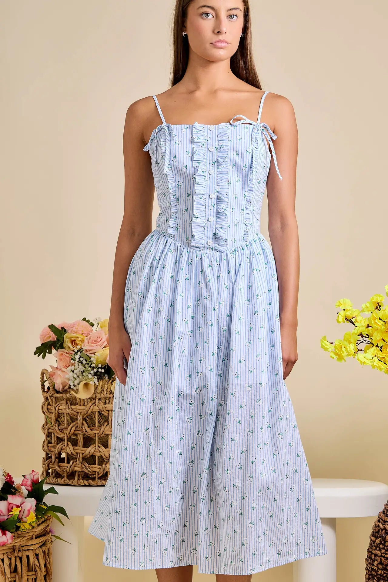 Floral Stripe Midi Dress with Ruffle Detail