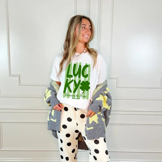 Lucky Because of Him Poppy & Pine Tee