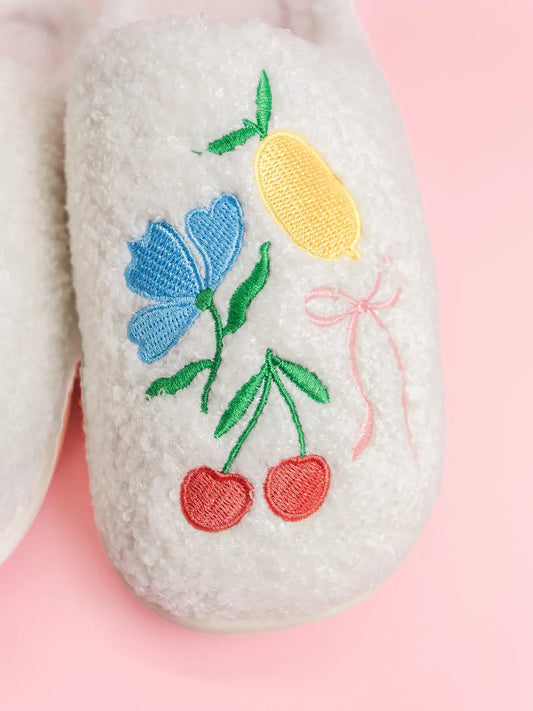 Fuzzy Plush Slippers with Fruit Cocktail Embroidery
