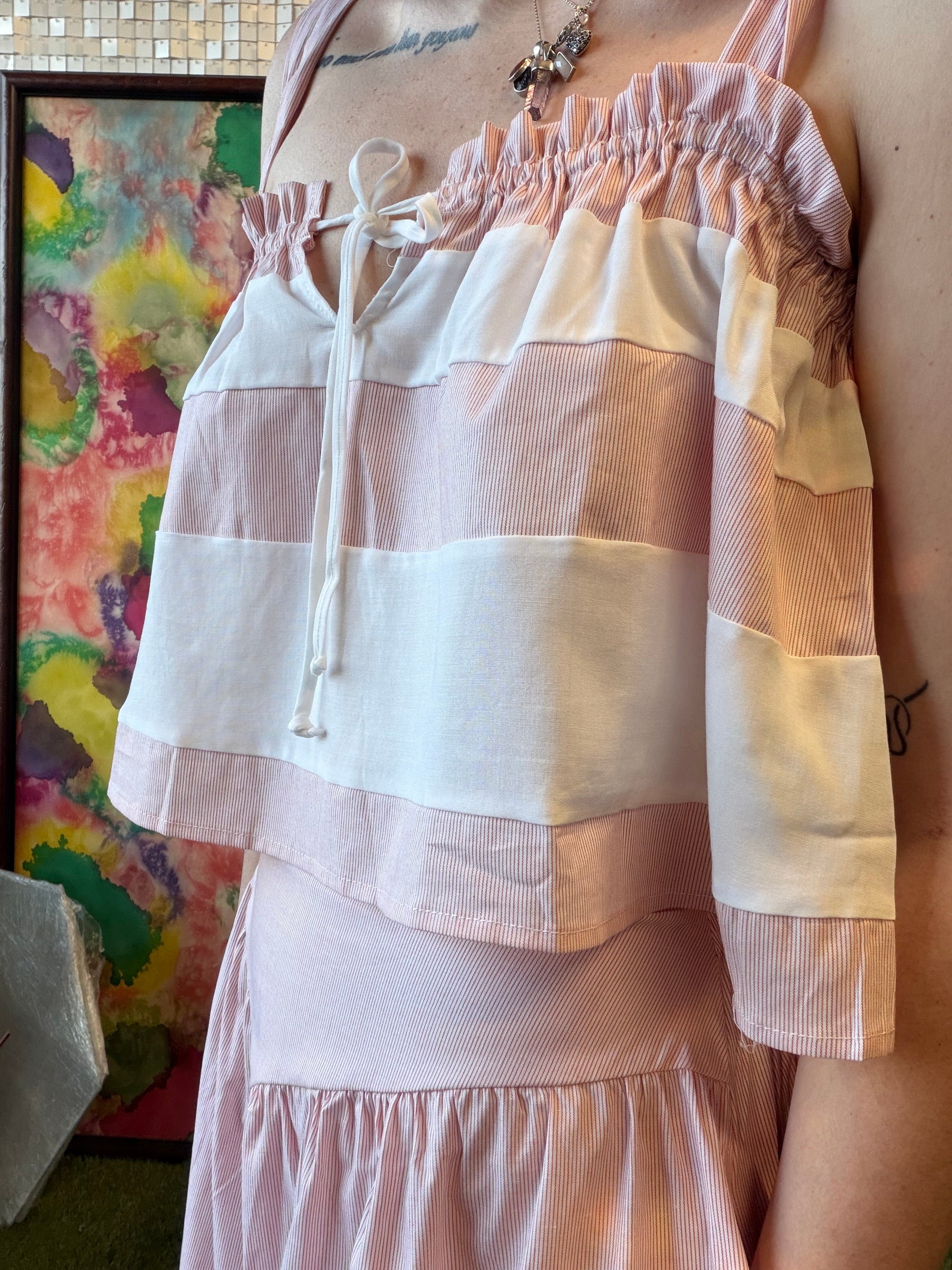 Contrast Color Block Ruffled Top & Skirt Sets