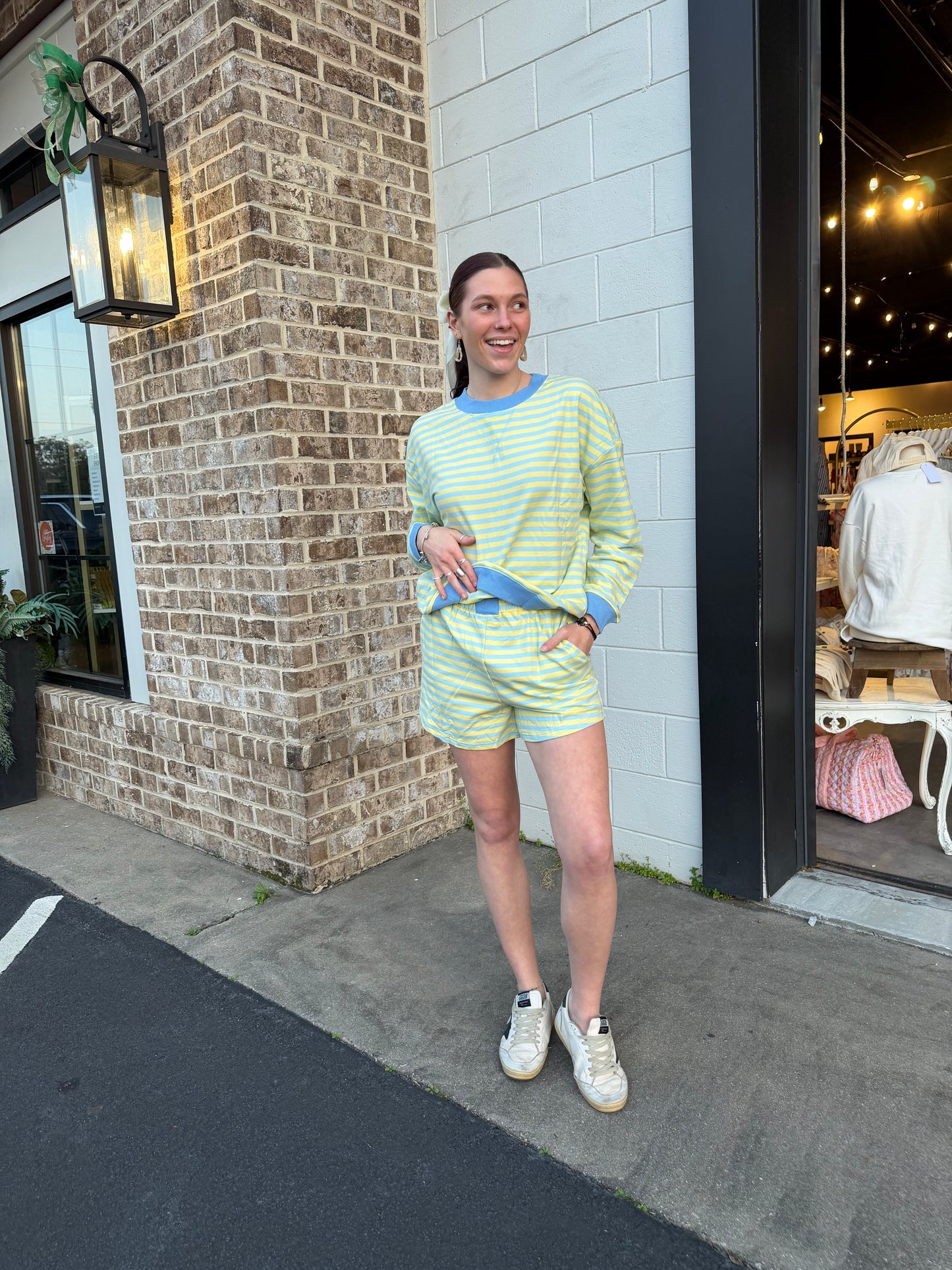 Stripe Color Block Pullover Shorts 2pcs Set