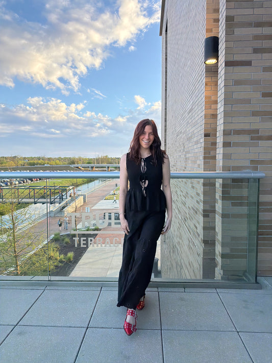 Eyelet Smocked Peplum Top Tiered Wide Leg Pant