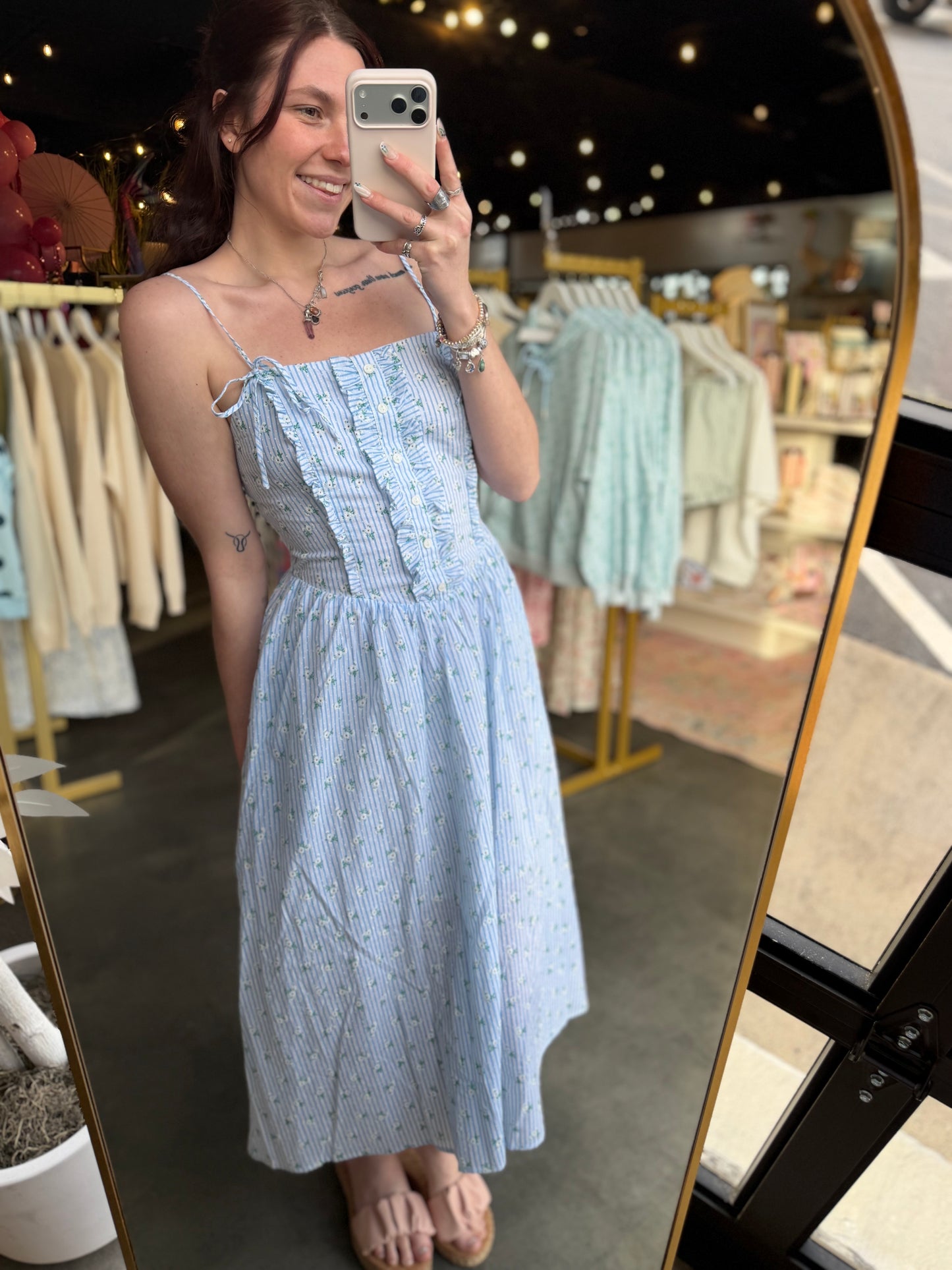 Floral Stripe Midi Dress with Ruffle Detail
