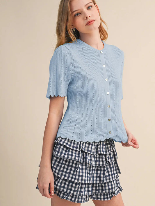 Scalloped Pointelle Short Sleeve Knit Cardigan