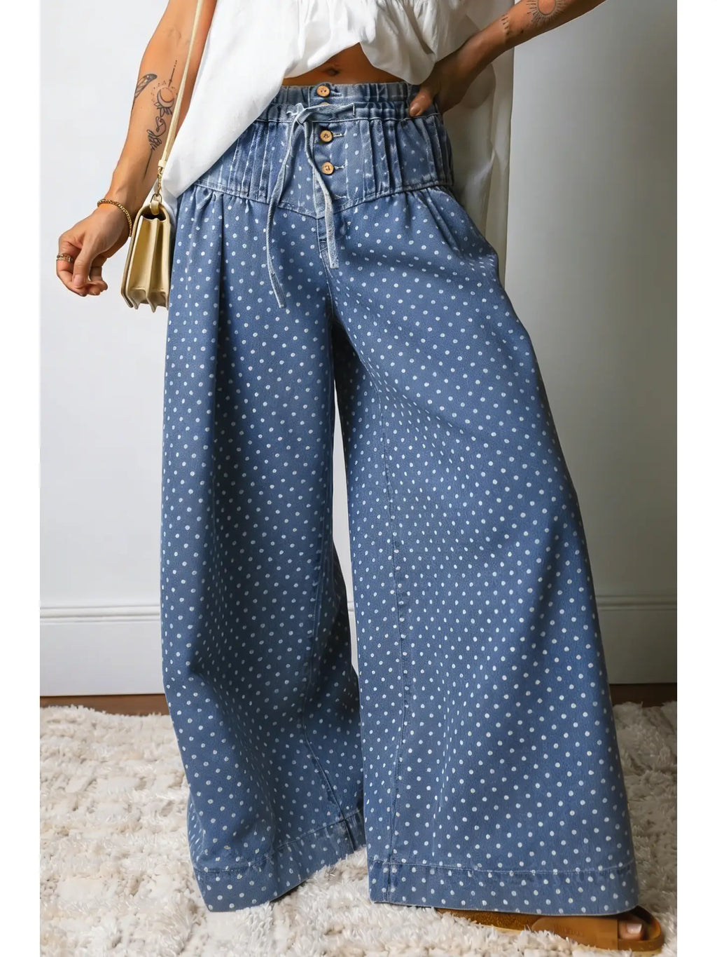 Polka Dot Button Pleated Drawstring Wide Leg Jeans