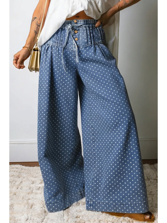 Polka Dot Button Pleated Drawstring Wide Leg Jeans