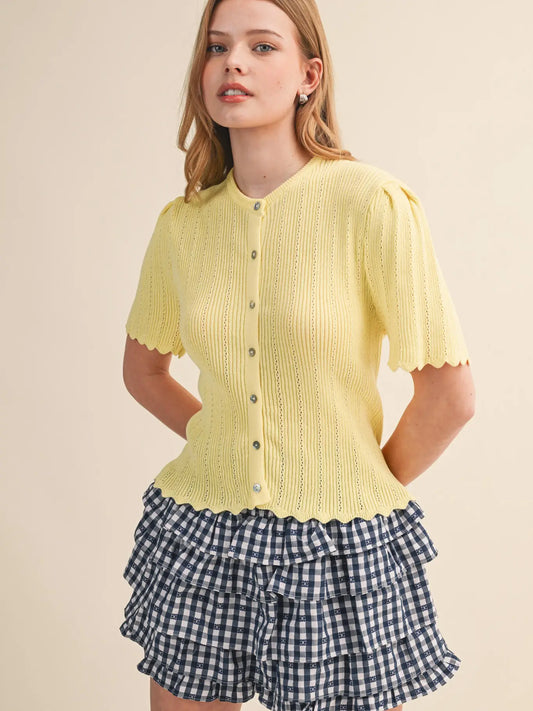 Scalloped Pointelle Short Sleeve Knit Cardigan
