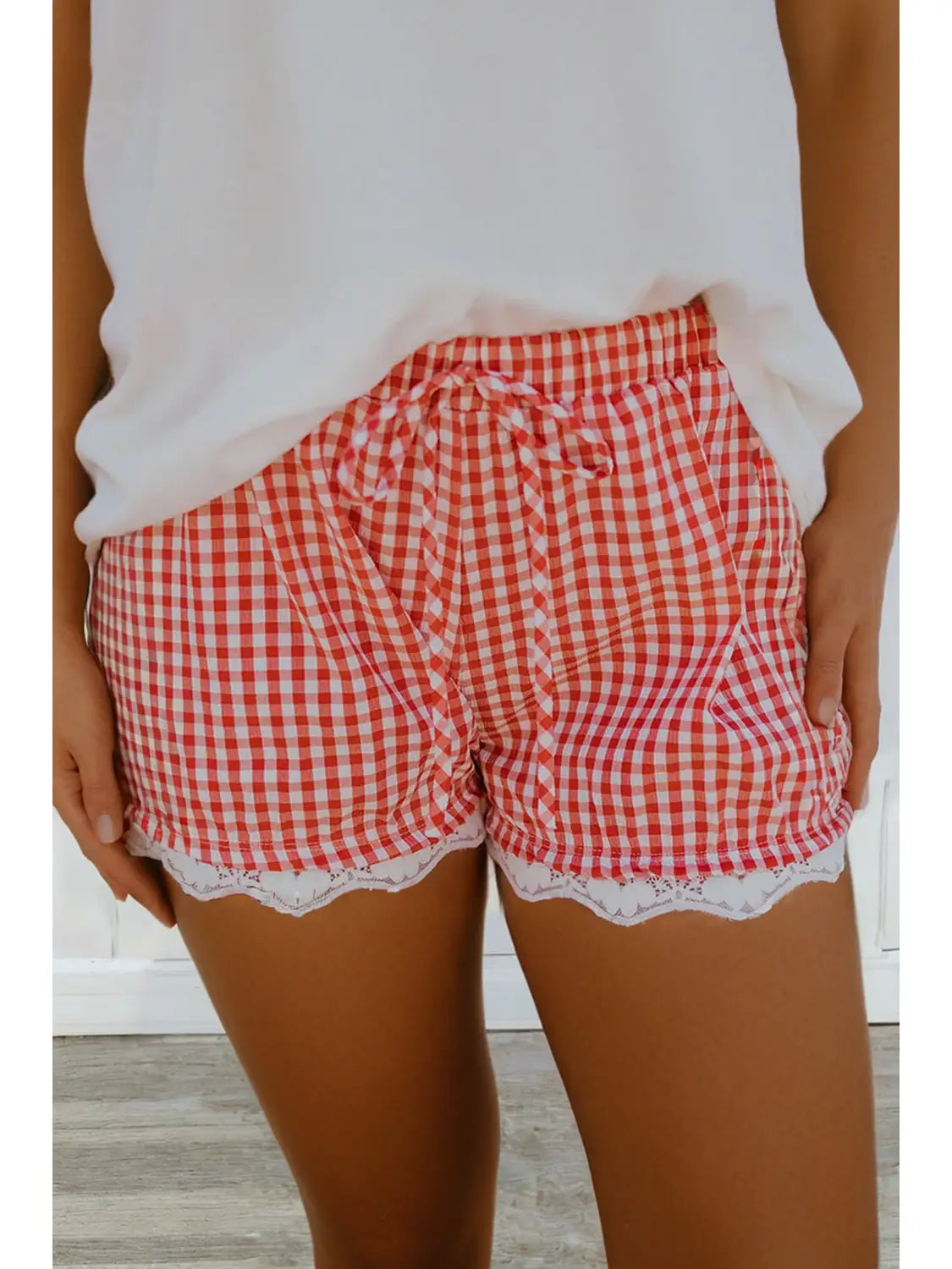 Gingham Plaid Tie Lace Patchwork Hem Short