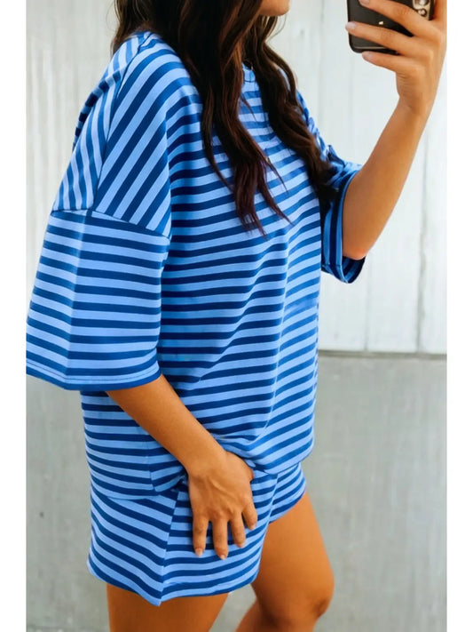 Stripe Drop Shoulder Pullover Casual Short Set