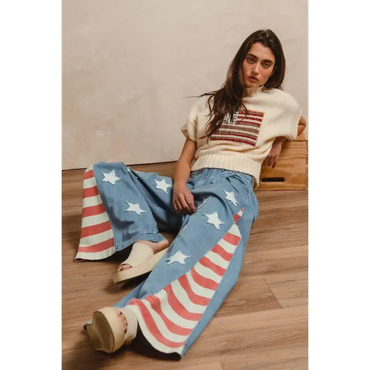 Vintage Washed American Flag Theme Pants