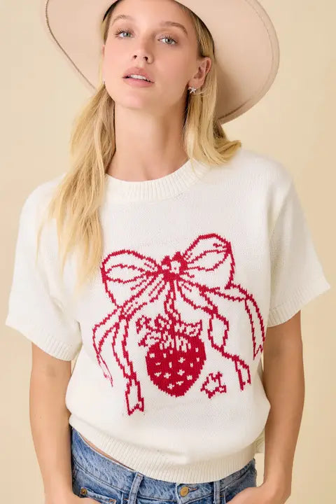 Boxy Sweater Knit Short Sleeve Top with Strawberry Bow Print