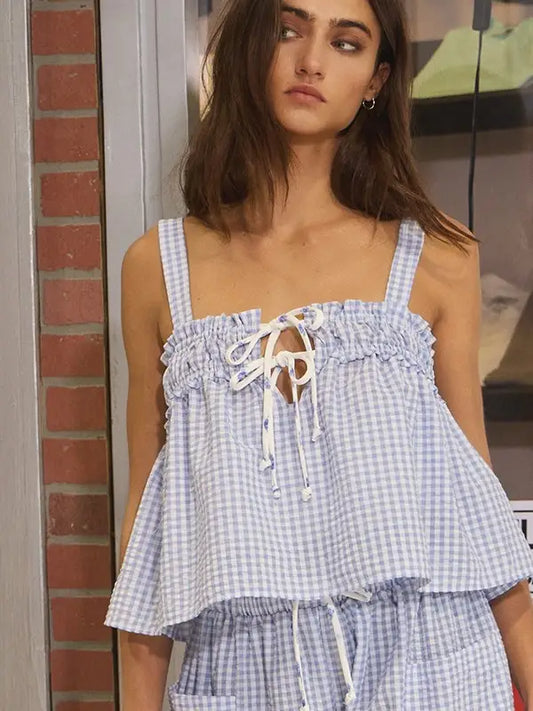 Self Tie Front Seersucker Gingham Print Tank Top