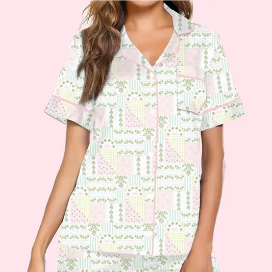 Patchwork Ruffle Hem Shorts Pajama Set